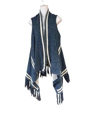 Ethereal by Anthropologie Navy Blue Fringe Knit Vest Cream Trim Womens Medium